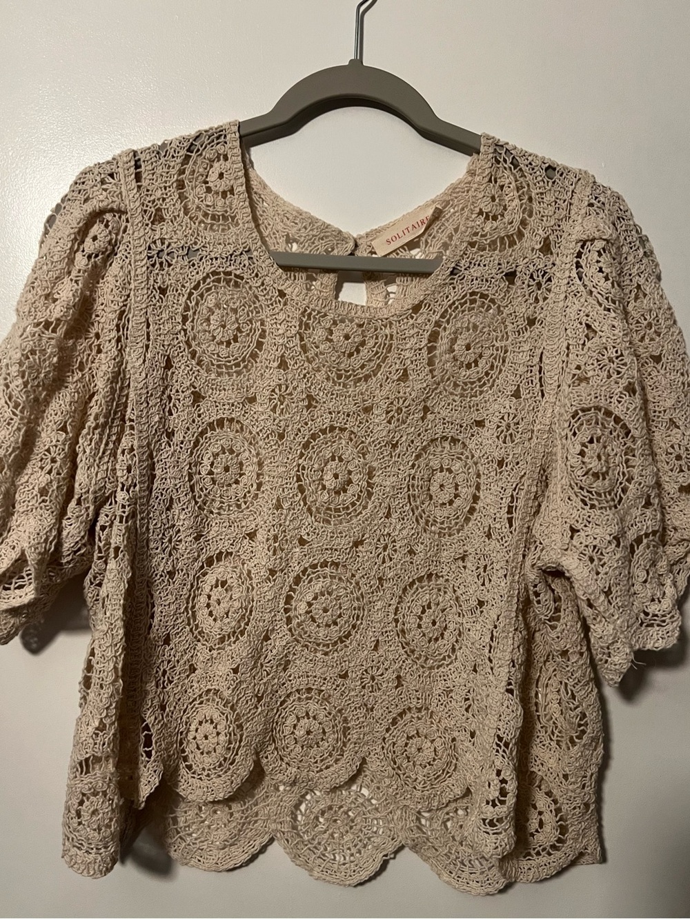 Solitaire Beige Natural Crochet Puff-Sleeve Blouse
